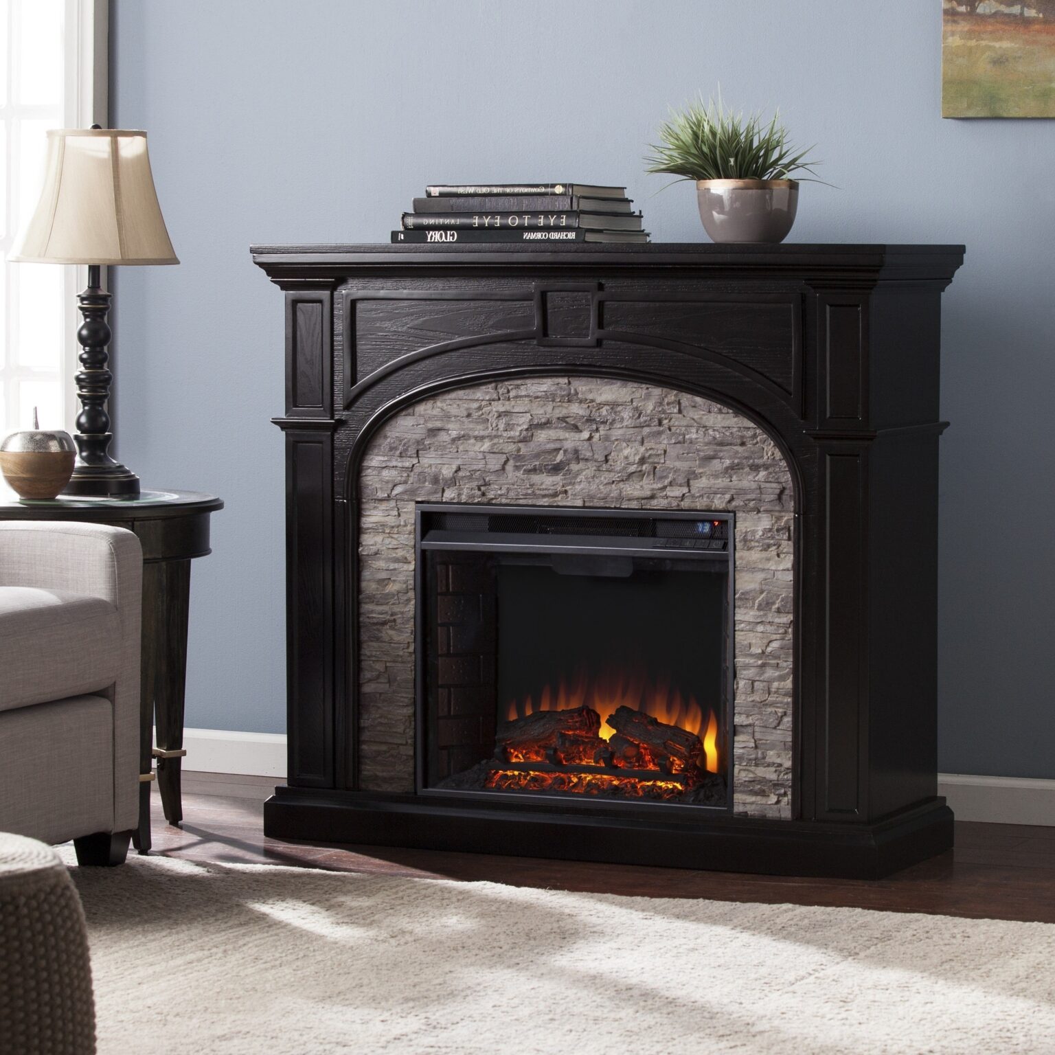 alluring harper blvd kelley ebony and gray stacked faux stone electric fireplace fake stone for fireplace picture