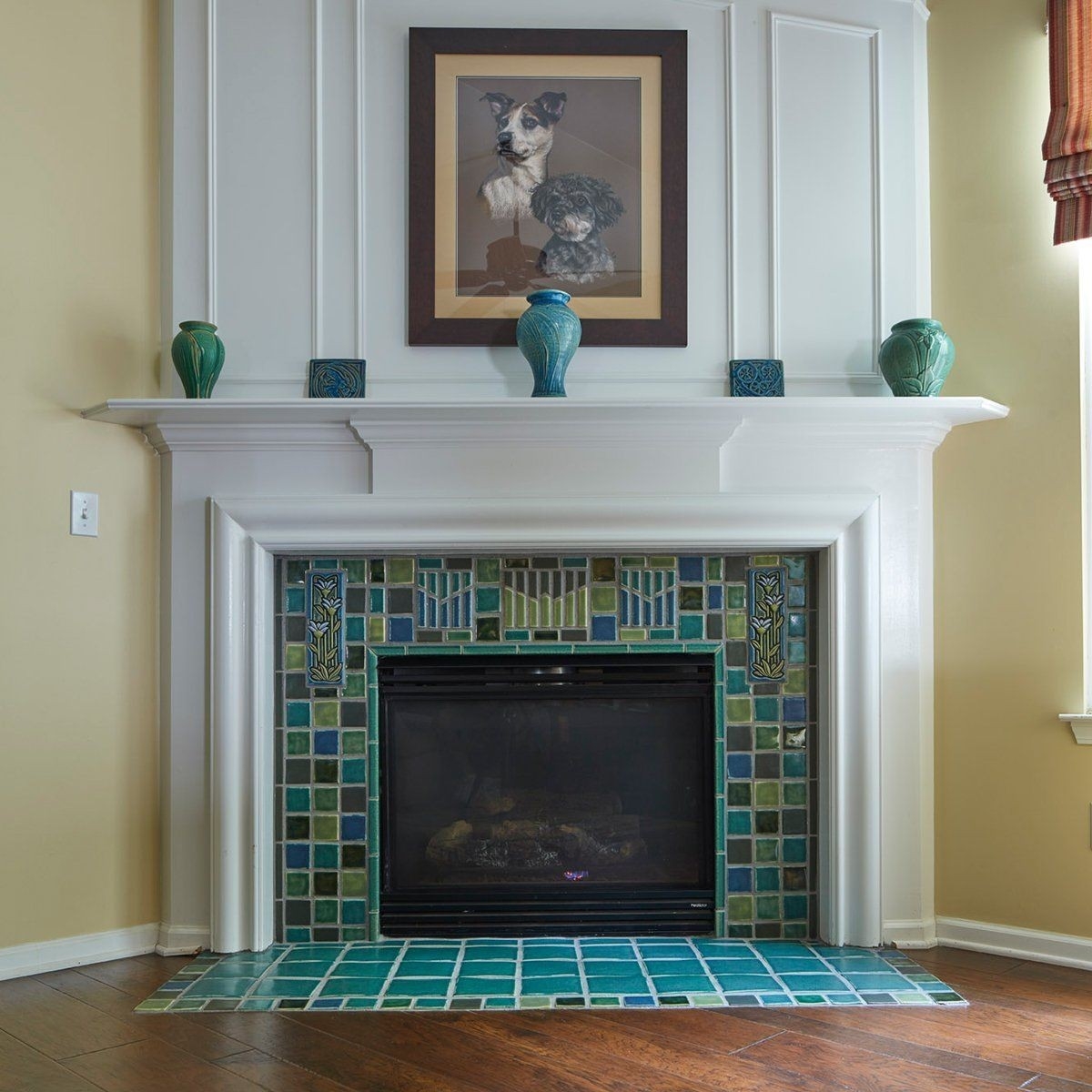 awesome blended blue and green fireplace | pewabic pottery | fireplace tile porcelain tile fireplace ideas picture