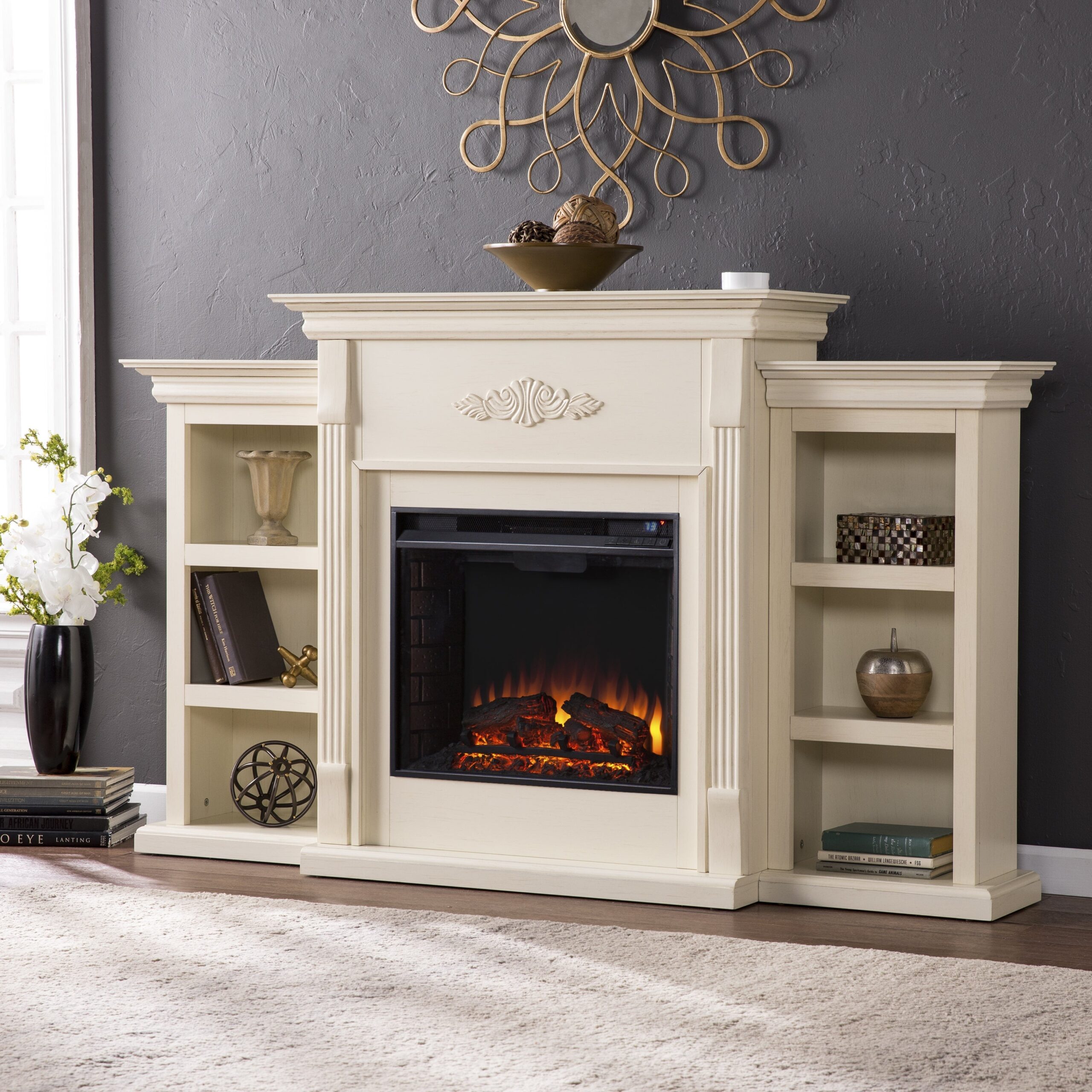 awesome ivory electric fireplace tv stand w/shelves fits 42" flatscreen mantle flat screen electric fireplace pics