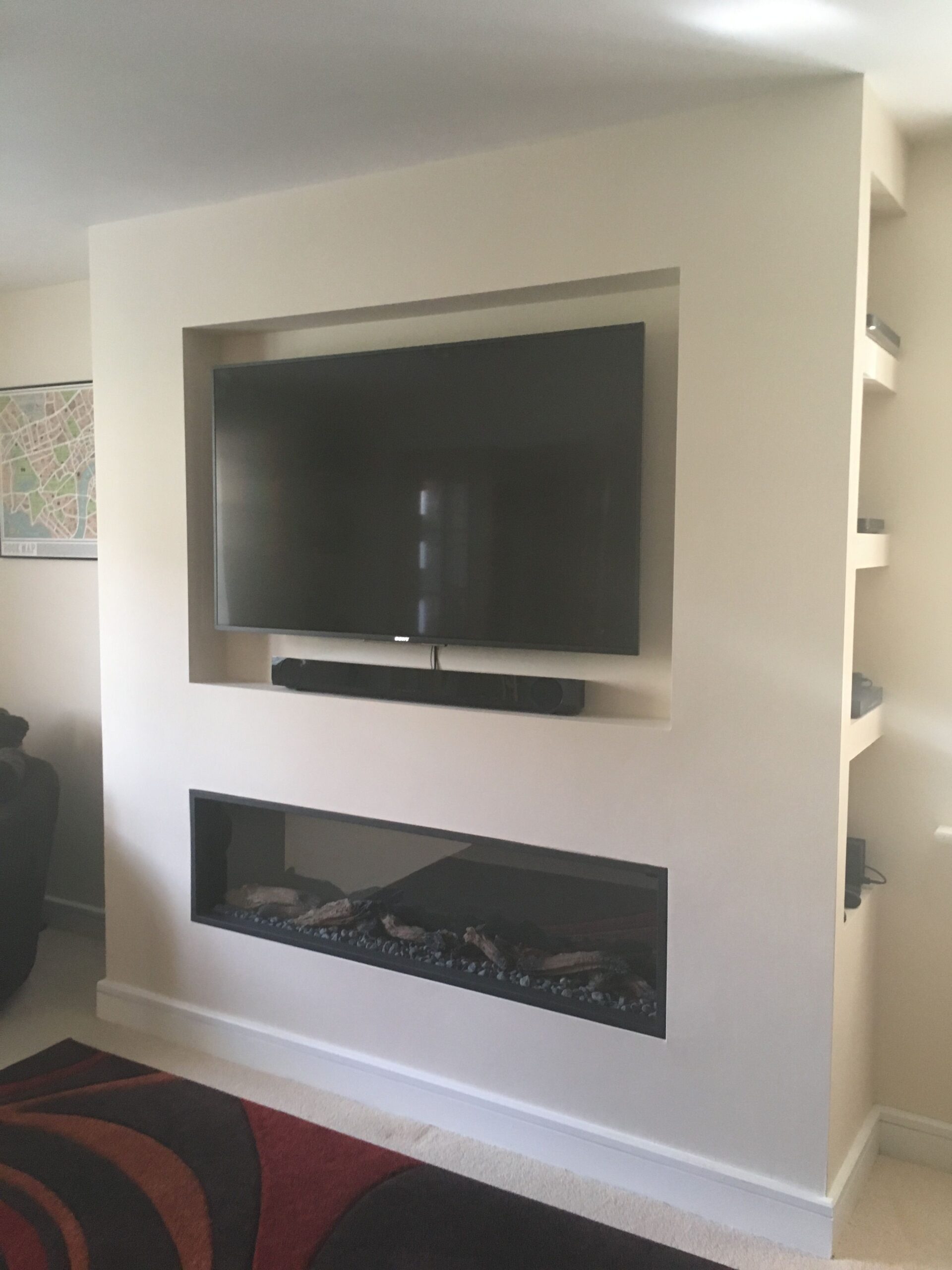 awesome wall mounted, recessed tv, sound bar, inset fireplace, modern, hidden mounting tv over gas fireplace picture