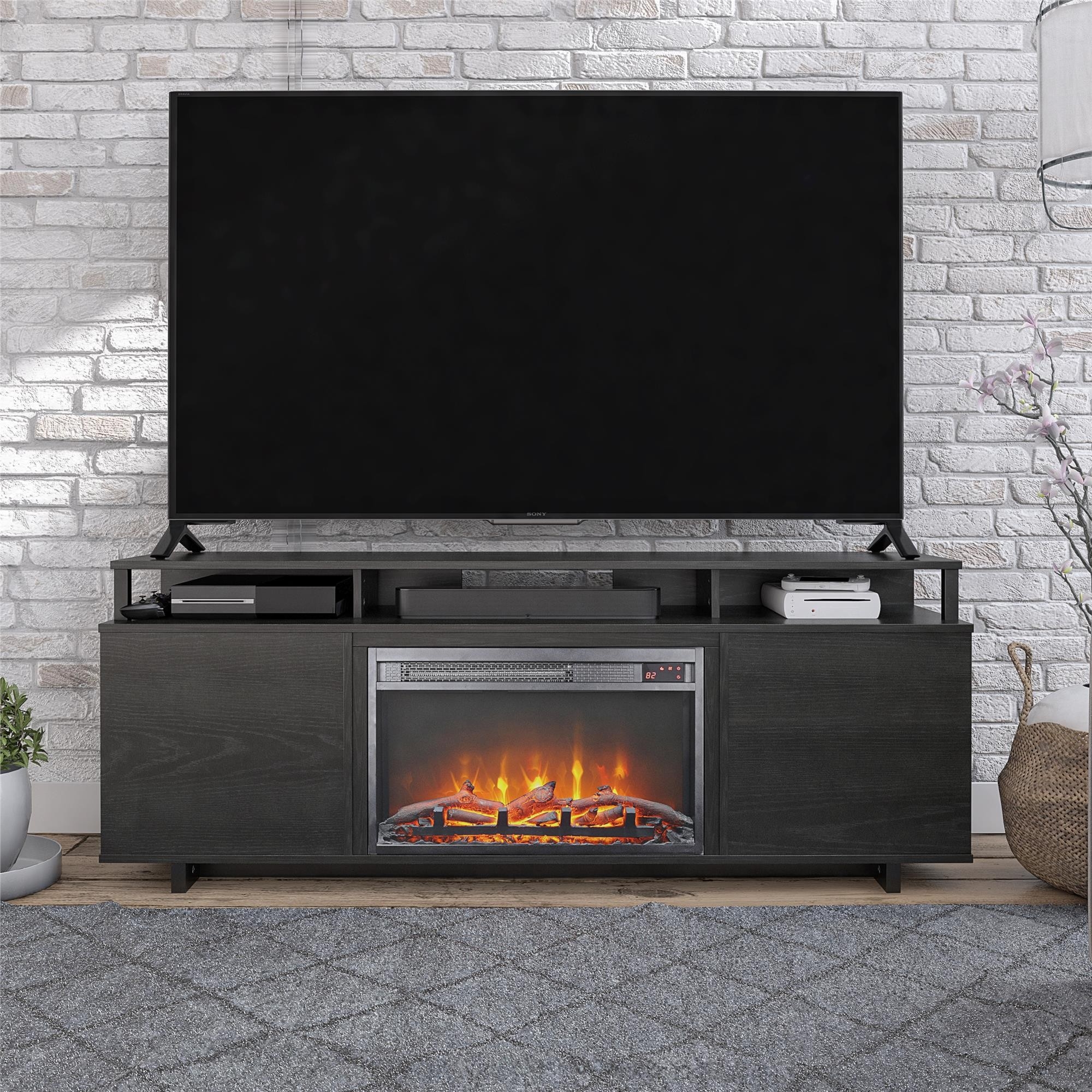best ameriwood home carson fireplace tv stand for tvs up to 65", black oak lowes fireplace tv stand pics
