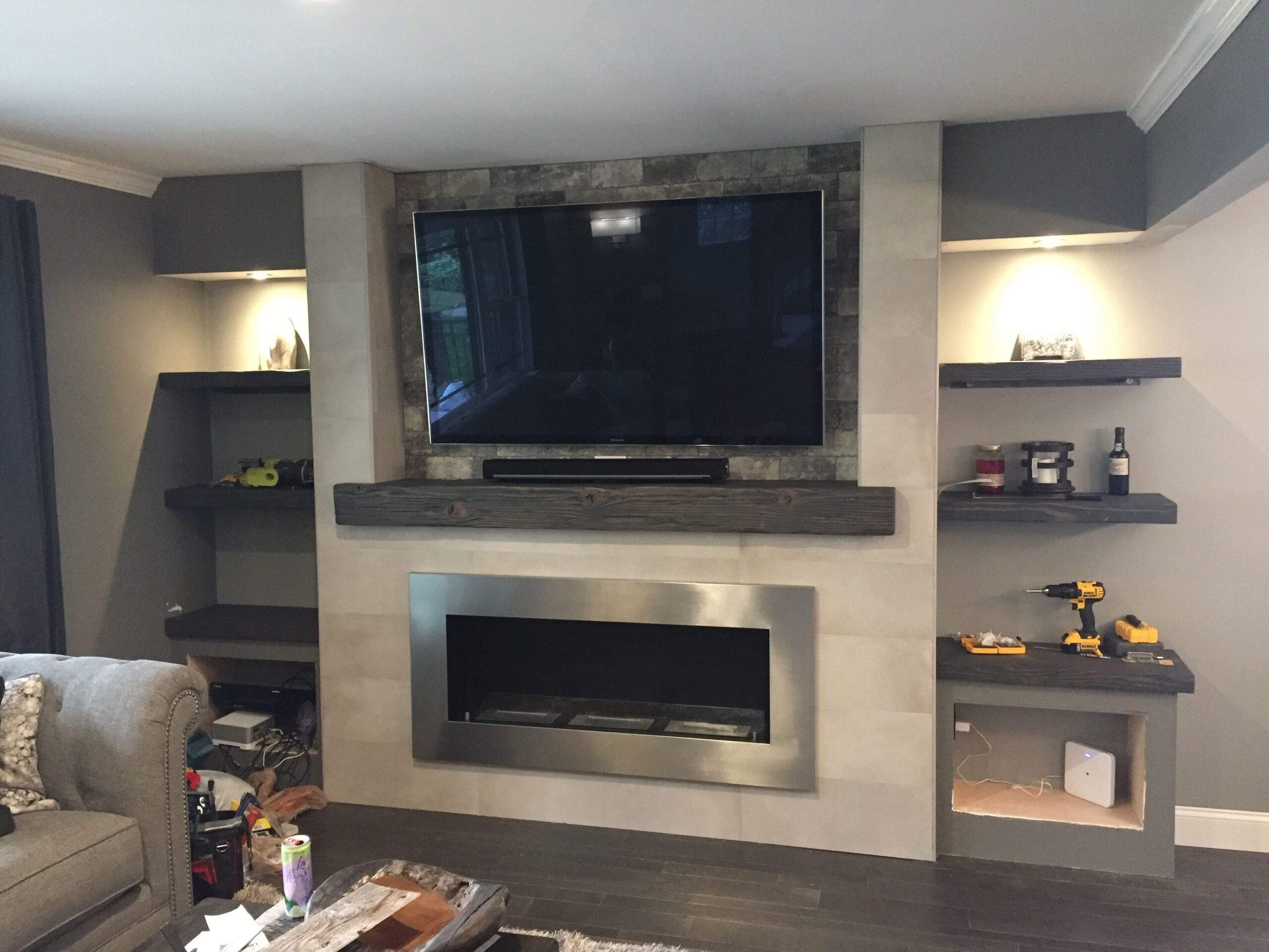 best carbon grey mantel with matching shelves in niche | living room designs electric fireplace ideas with tv above photo
