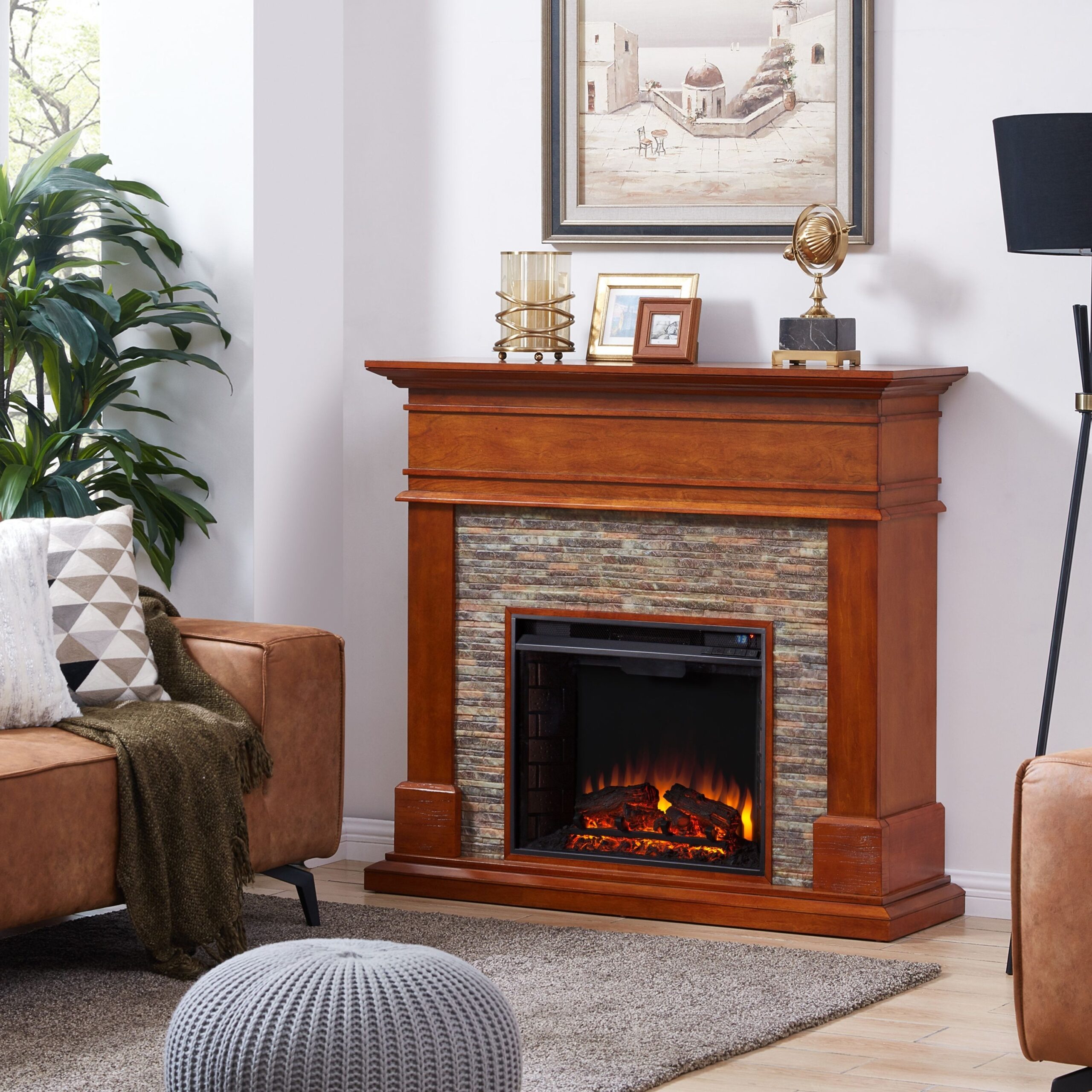 best jerfyre faux stone media fireplace, traditional, glazed pine walmart how to build a faux stone fireplace picture