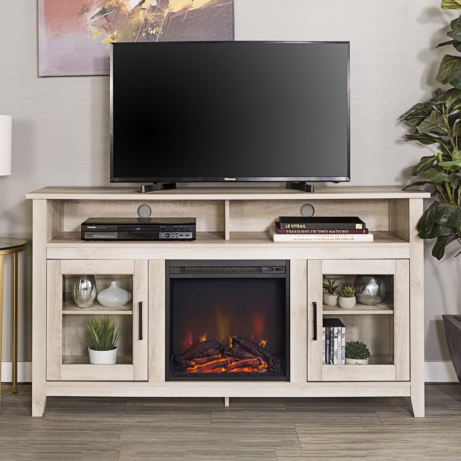 best manor park 58" wood highboy fireplace media tv stand console white walmart electric fireplace tv stand picture