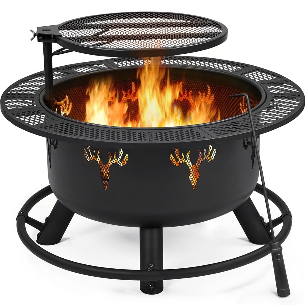 buy yaheetech 32'' round wood burning fire pit with 18 5'' swivel cooking outdoor fireplace cooking grates pics