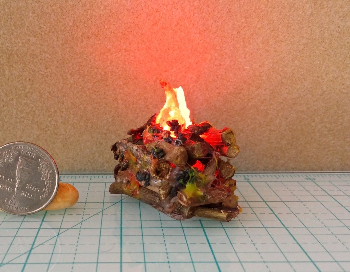 cheap dollhouse battery operated lit fire logs with flickering led | etsy battery operated fireplace logs pics