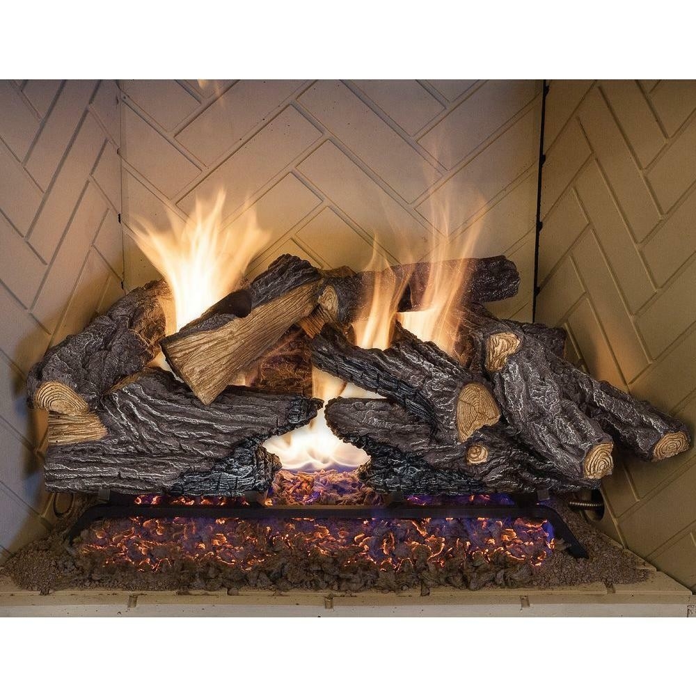 excellent 24 in split oak vented natural gas log set dual burner chimney fireplace glass rocks installation pics