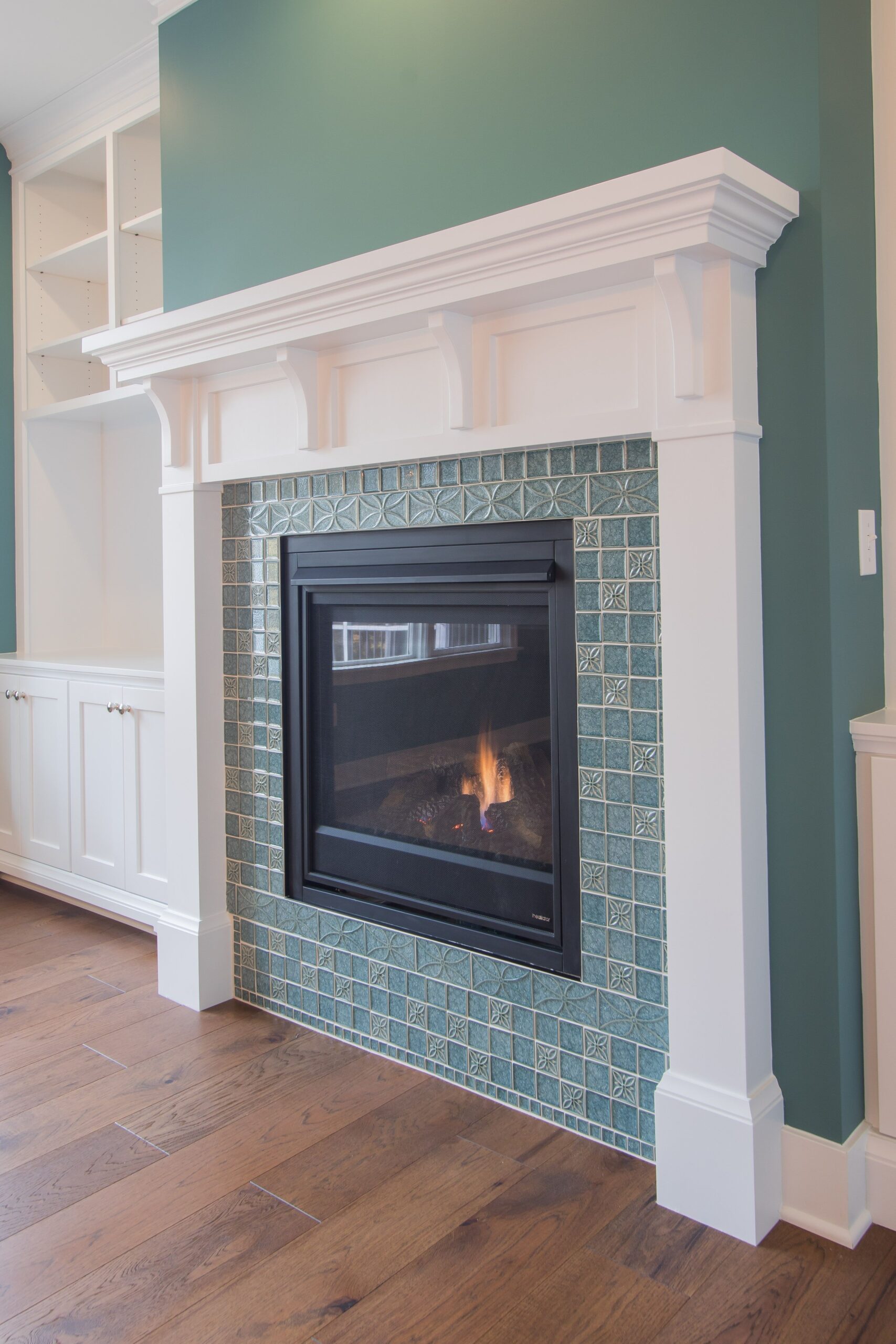 good fireplace: painted mantle, gas fireplace, custom mosaic tile surround cleaning stone fireplace fronts pics