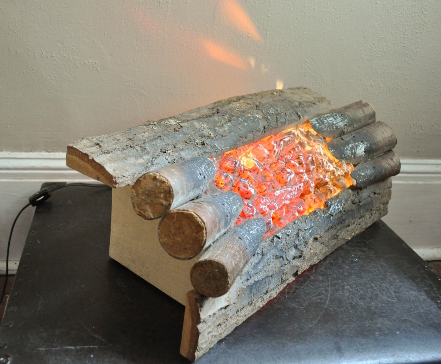 good vintage faux fireplace log light fake burning logs | etsy fireplace fake lighted logs image