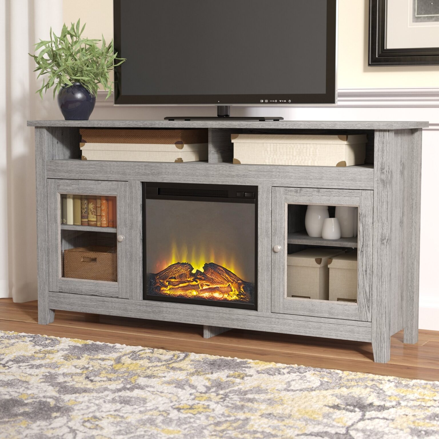 gorgeous darby home co isabel highboy tv stand with electric fireplace &amp; reviews tv console with electric fireplace image