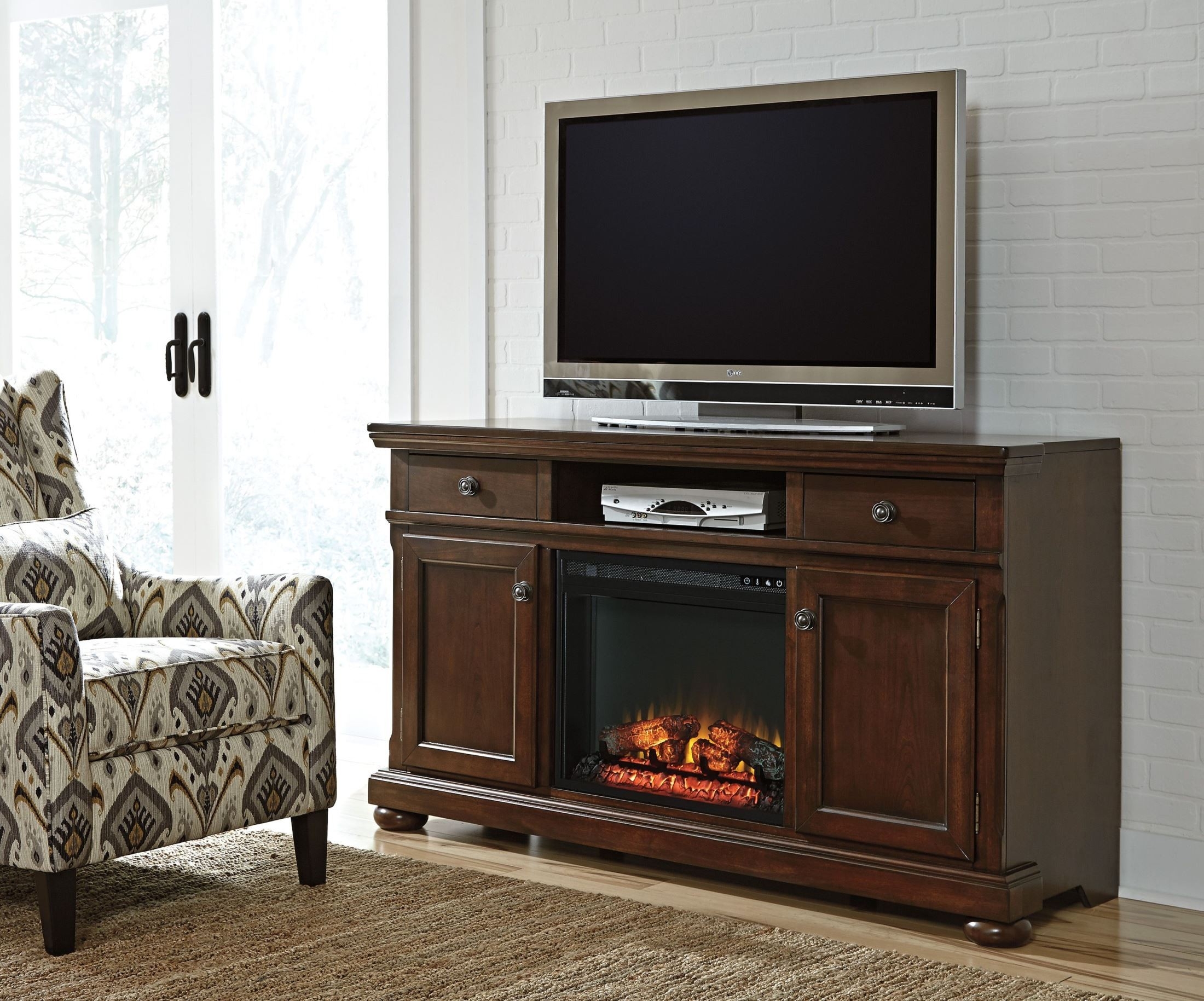 image of porter burnished brown large tv stand with fireplace insert from ashley cheap fireplace tv stands photo