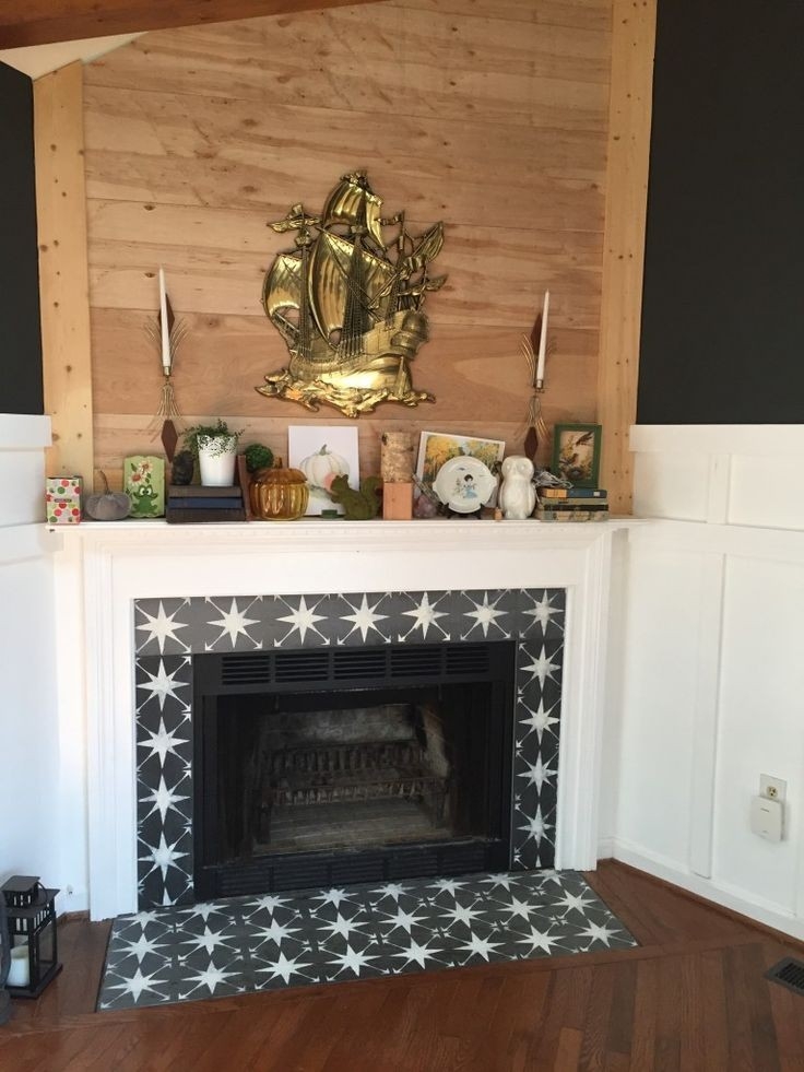 image of the easiest way to paint fireplace tile using a stencil | fireplace painting tile around fireplace pics