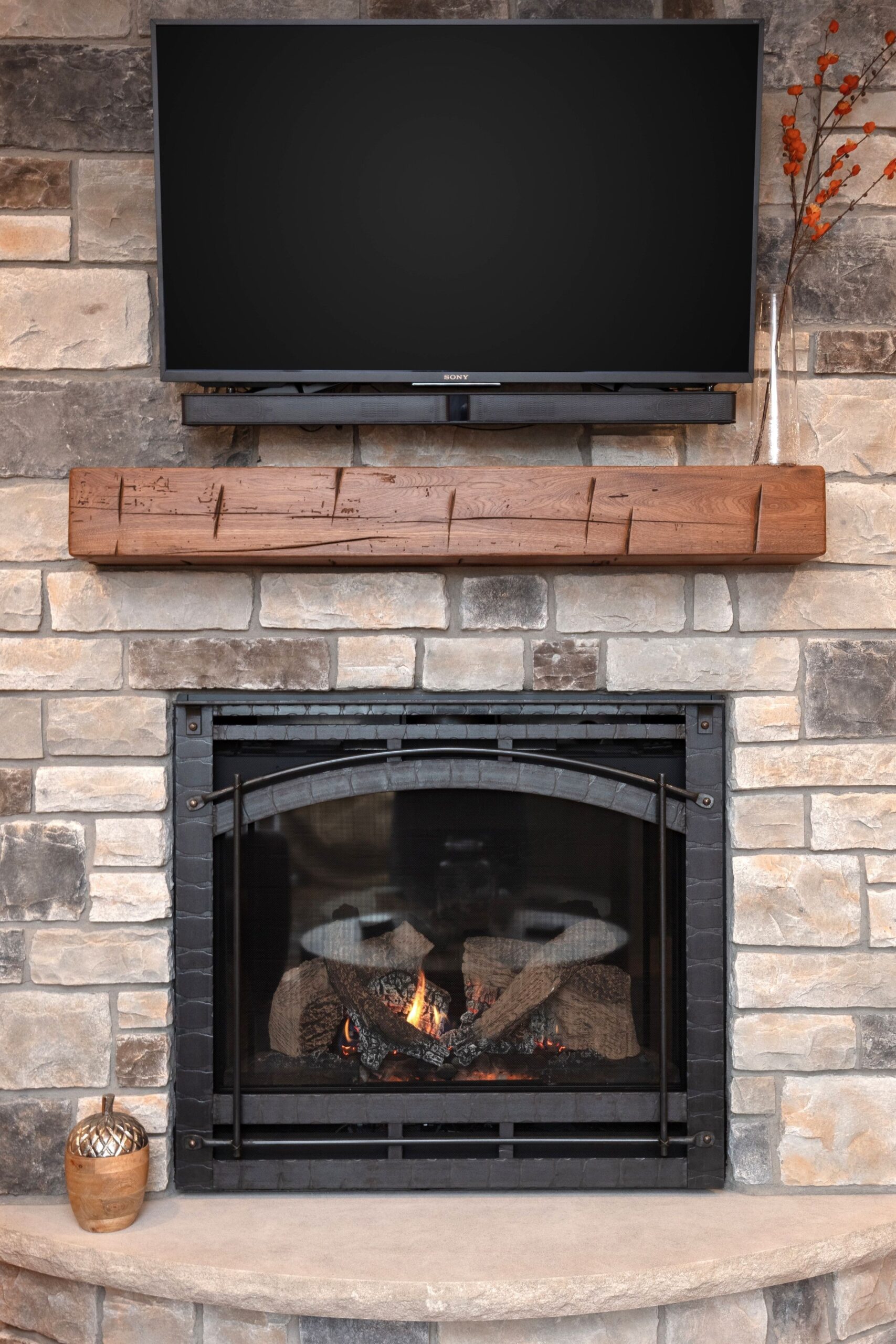 inspiring refaced stone fireplace, reclaimed wood mantel | craftsman house reclaimed wood for fireplace mantel image