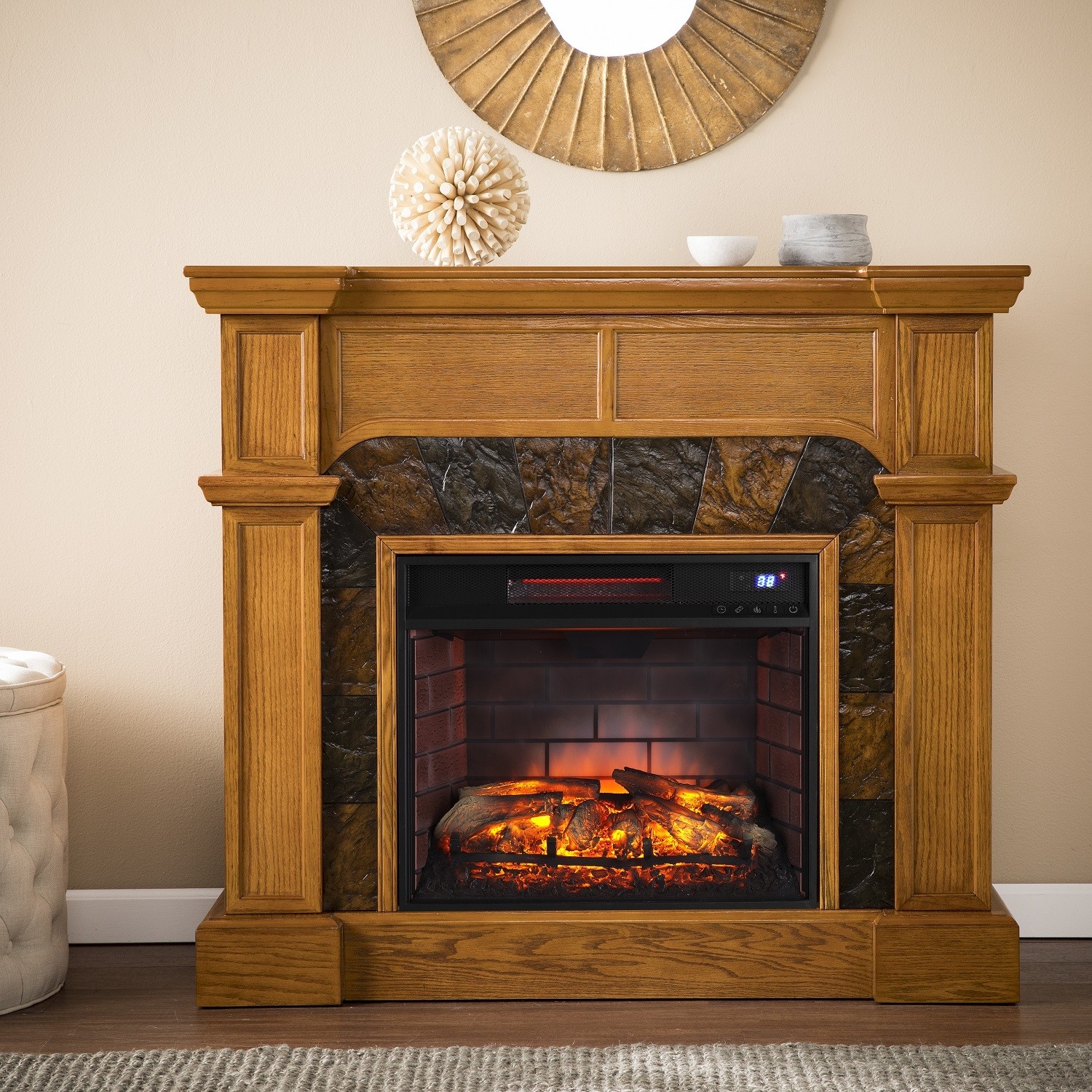 marvelous 45 5" cartwright corner faux stone infrared fireplace oak fi9285 fake stone for fireplace picture
