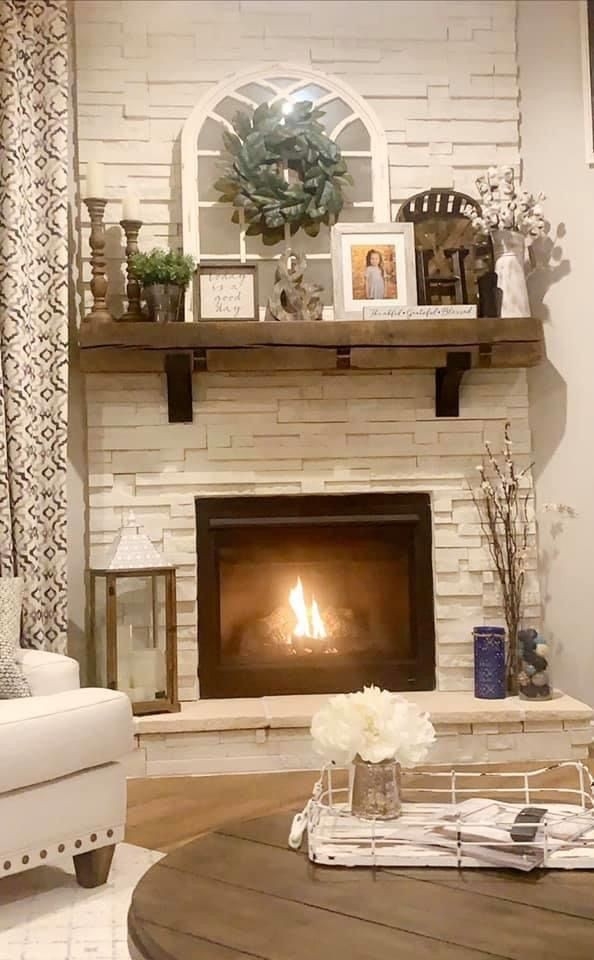 picture of barnbeam mantel in 2020 | farmhouse fireplace decor, brick fireplace decor for fireplace hearth image