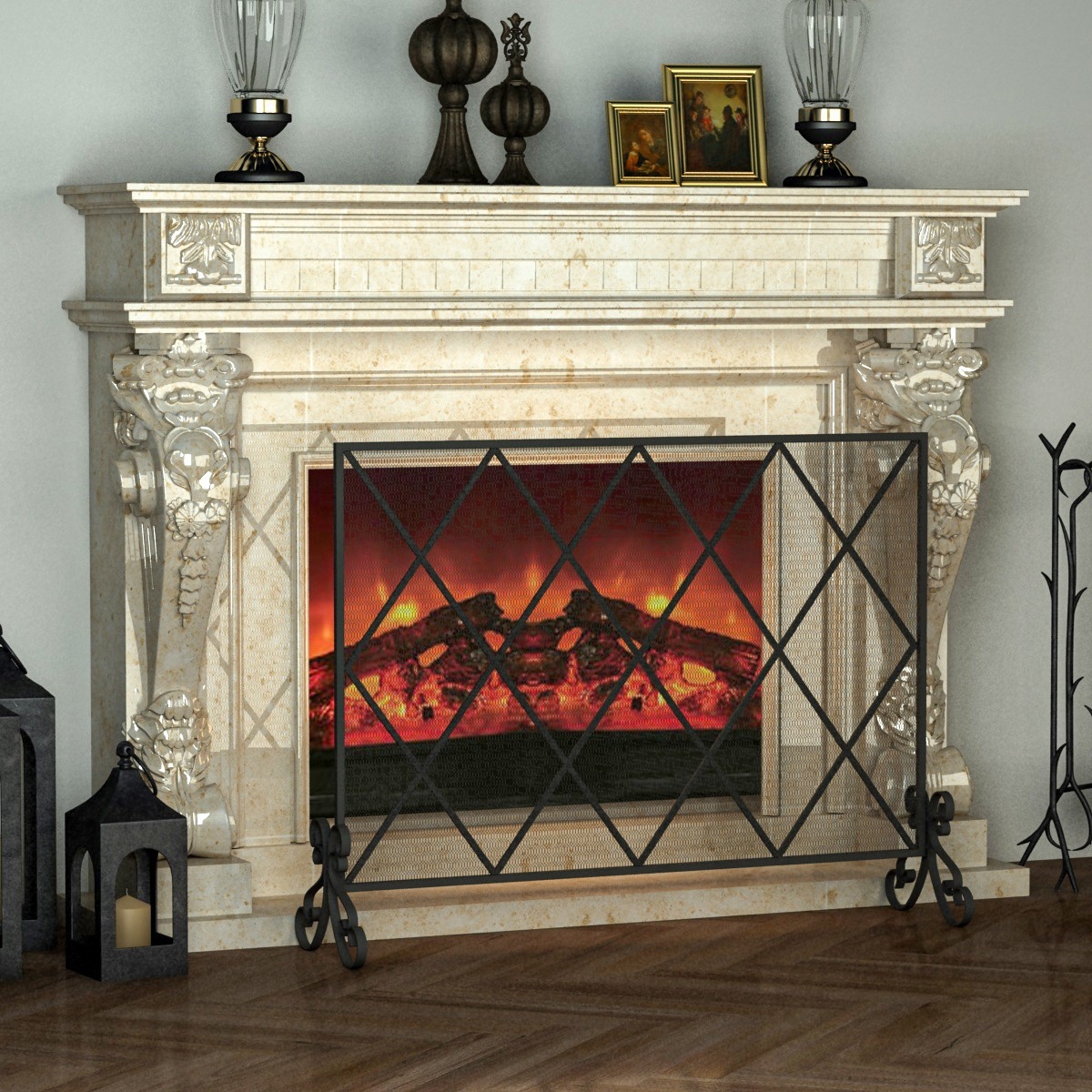 picture of single panel iron fireplace screen solid wrought iron metal mesh w small decorative fireplace screens photo