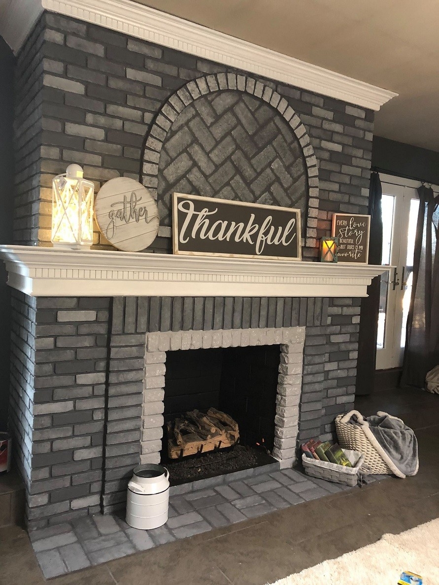 remarkable fireplace makeover: grey paint the happy farmhouse sponge painting brick fireplace picture