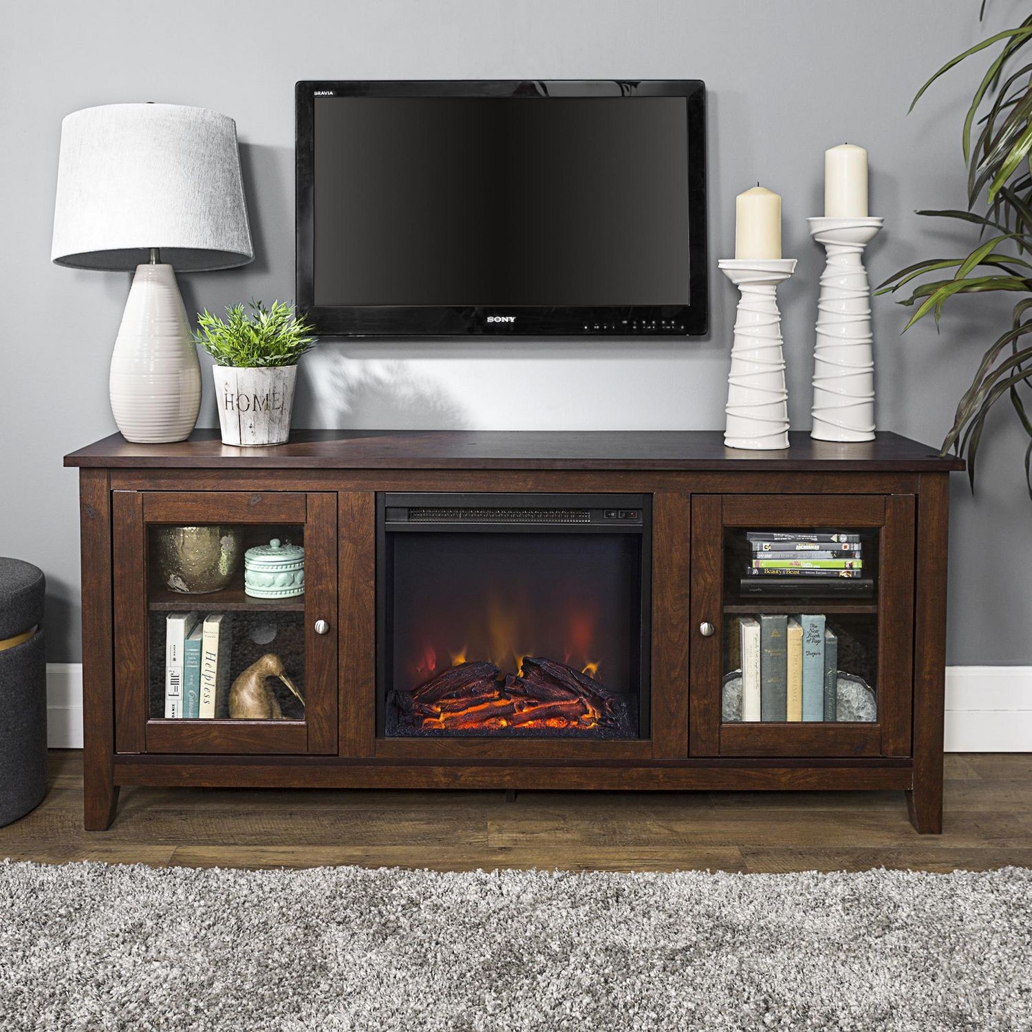 remarkable manor park 58" wood media tv stand console with fireplace traditional walmart entertainment center with fireplace image