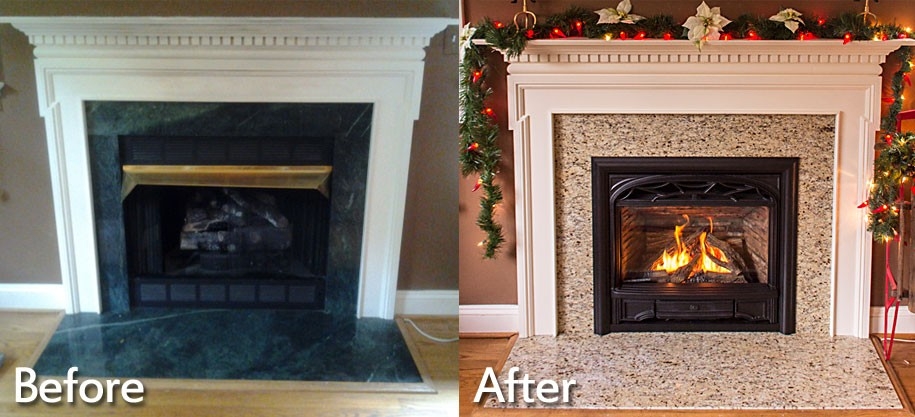 splendid fireplace installations charlottesville, richmond, va | wooden sun air stone fireplace before and after pics