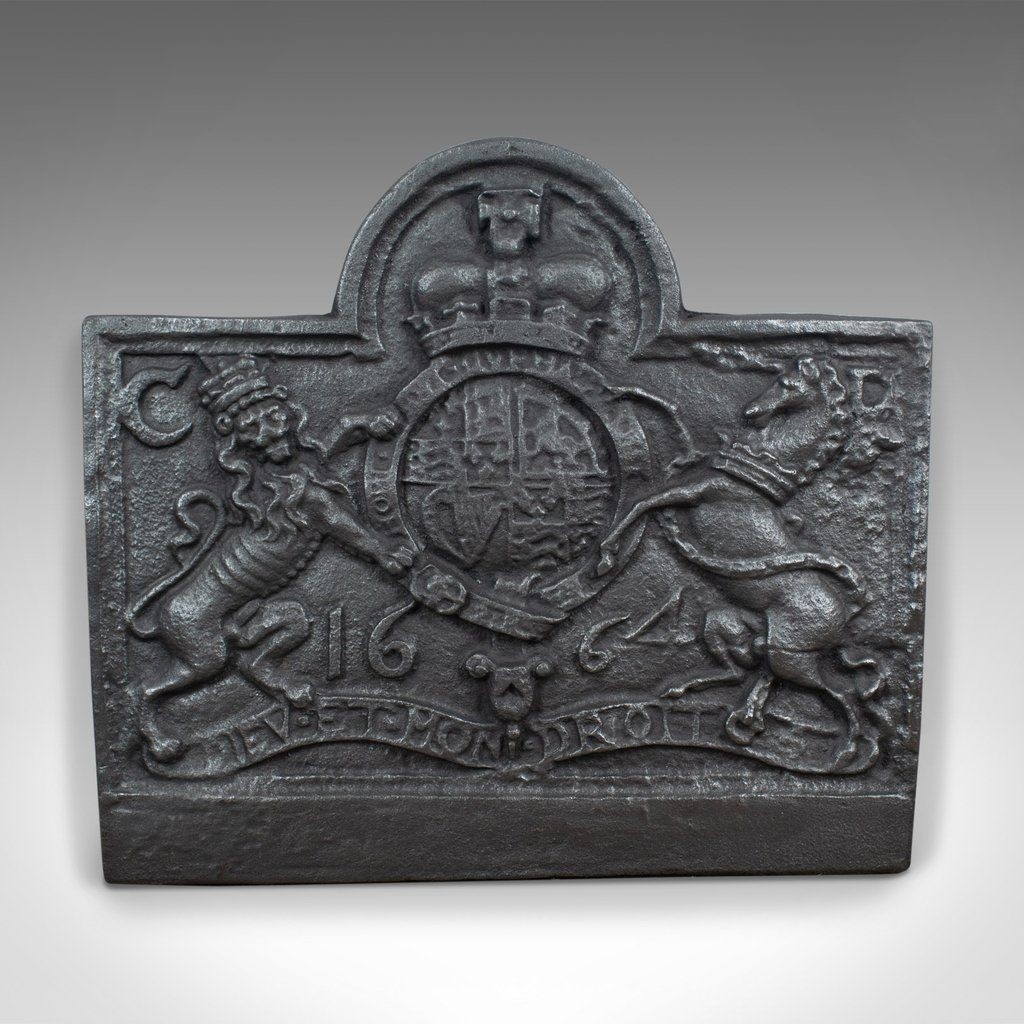 stylish large cast iron fire back, royal crest, fireplace, c17th revival made cast iron fireplace plate pics