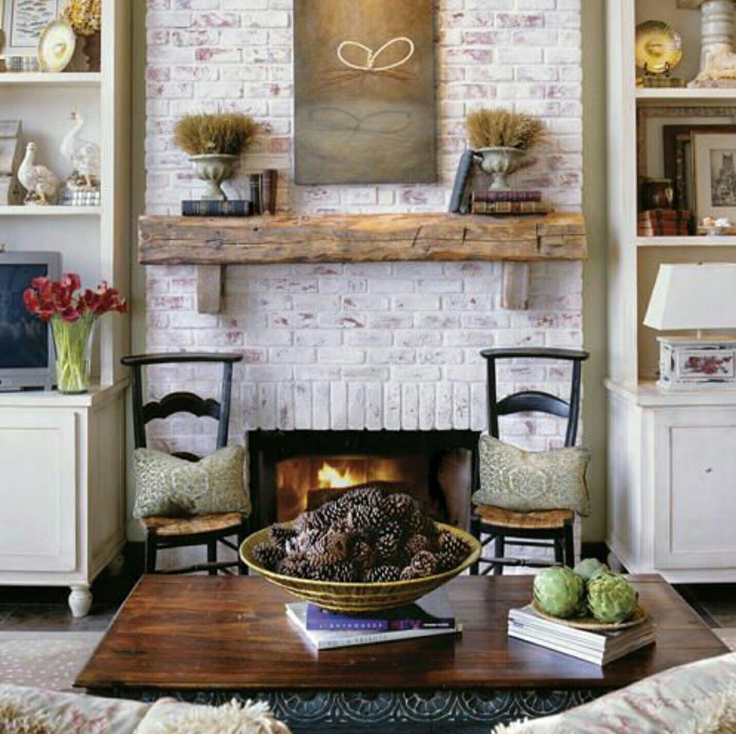 stylish lime washed rustic fireplace | white wash brick fireplace, white brick lime wash brick fireplace picture