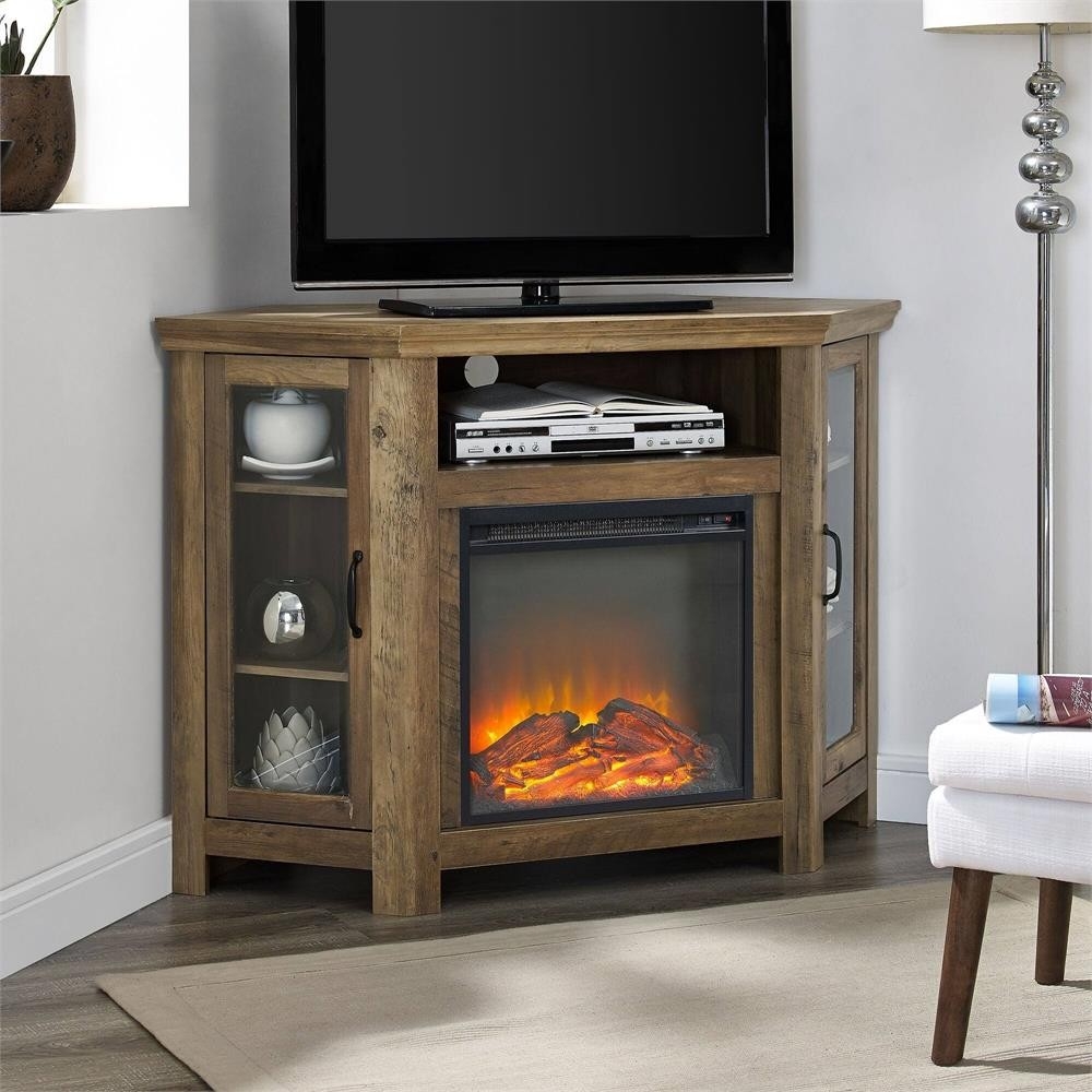 top walker edison 48 in wood corner fireplace tv stand (rustic oak) w48fpcrro corner tv stands with fireplace photo