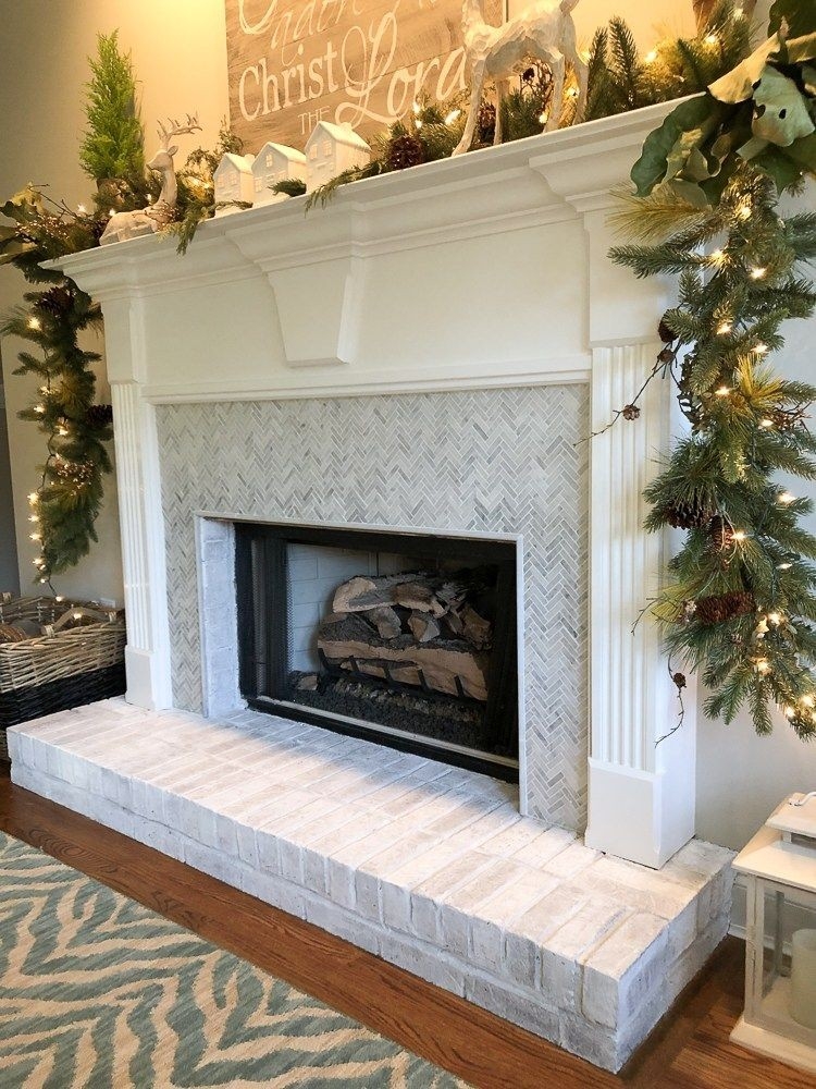 wonderful how to add herringbone marble tile to a fireplace | brick fireplace attaching mantle to brick fireplace picture
