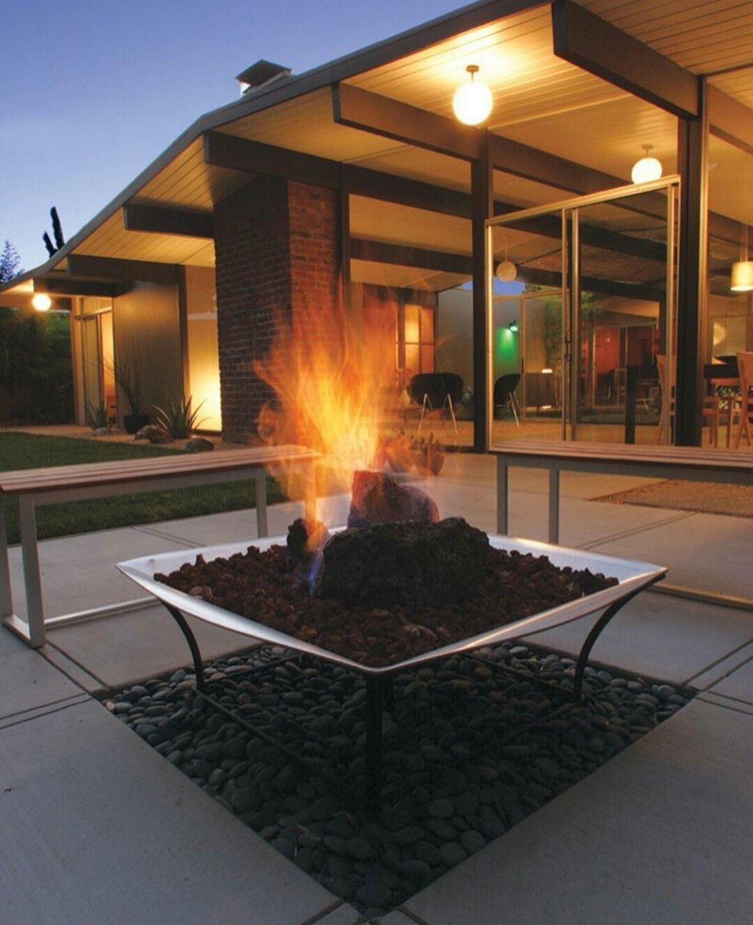 amazing mid century patio love it!! | retro style living room, modern fire pit mid century modern outdoor fireplace image