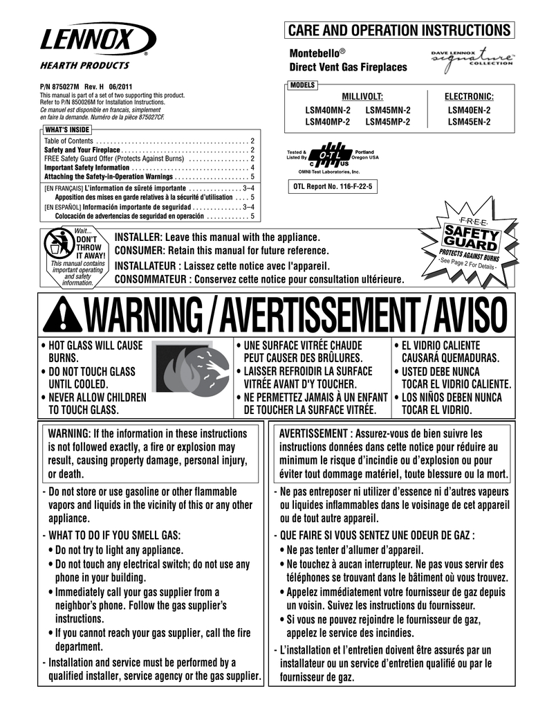 awesome lennox hearth 875027m indoor fireplace user manual | manualzz lennox gas fireplace manual image