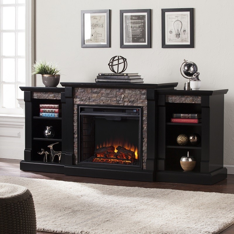 best 71 75" gallatin faux stone electric fireplace w/ bookcases black where can i buy a fake fireplace photo