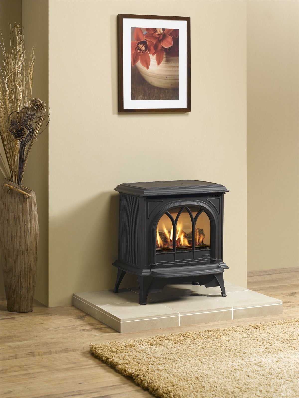 best gazco huntingdon 30, matt black, tracery door, log effect, natural gas gas fireplace remote replacement image