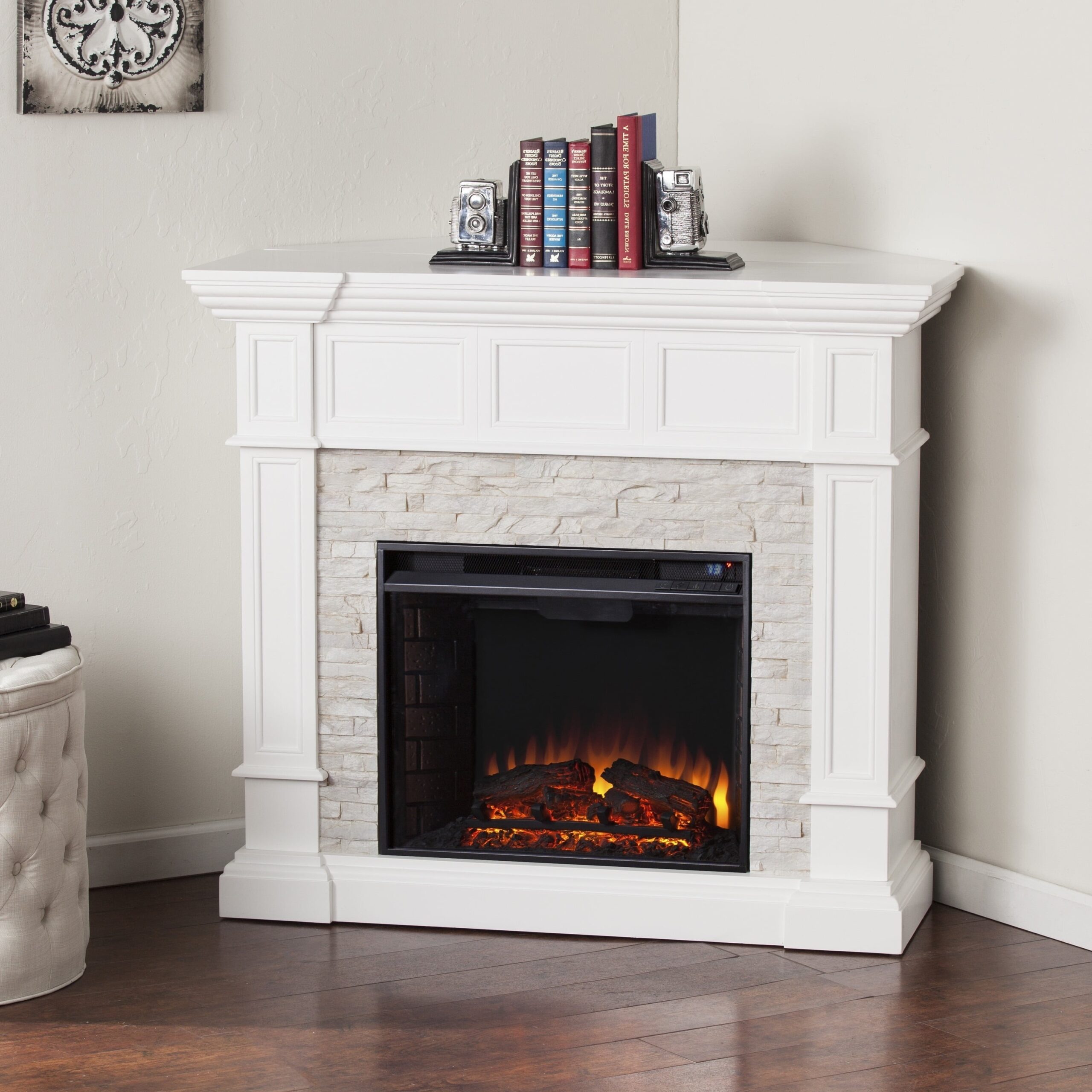 best oliver &amp; james lochner white faux stone corner convertible electric electric corner fireplace heater picture