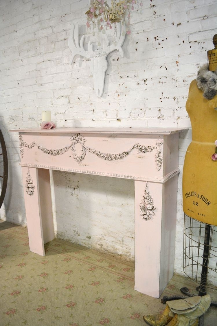 best painted cottage chic shabby pink fireplace mantle | fireplace mantle shabby chic brick fireplace image