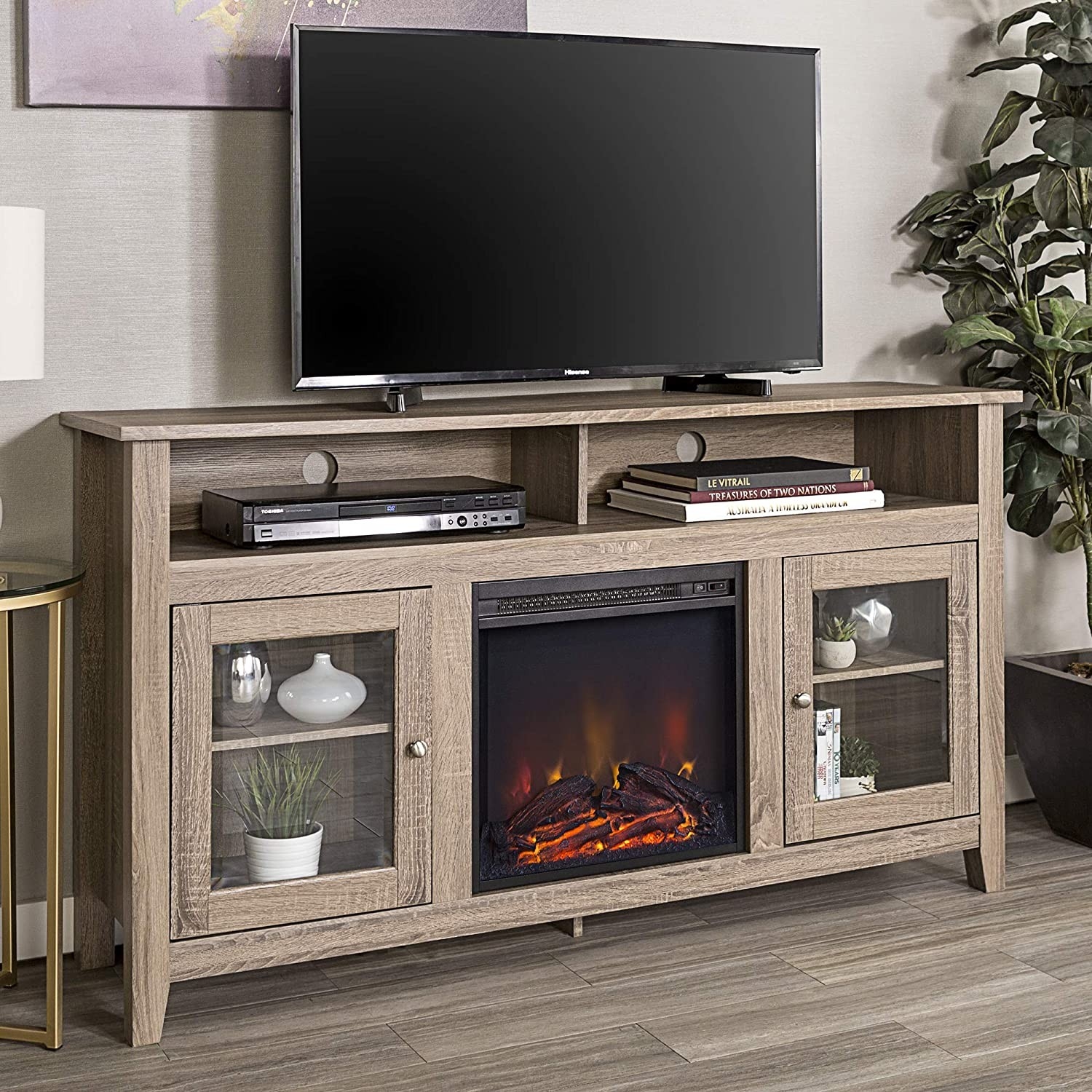 best rustic wood and glass tall fireplace stand for tv's up to 64" flat cheap fireplace tv stand photo
