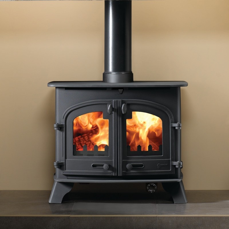 best yeoman county double sided, single depth wood burning stove, flat top two fireplaces one flue image