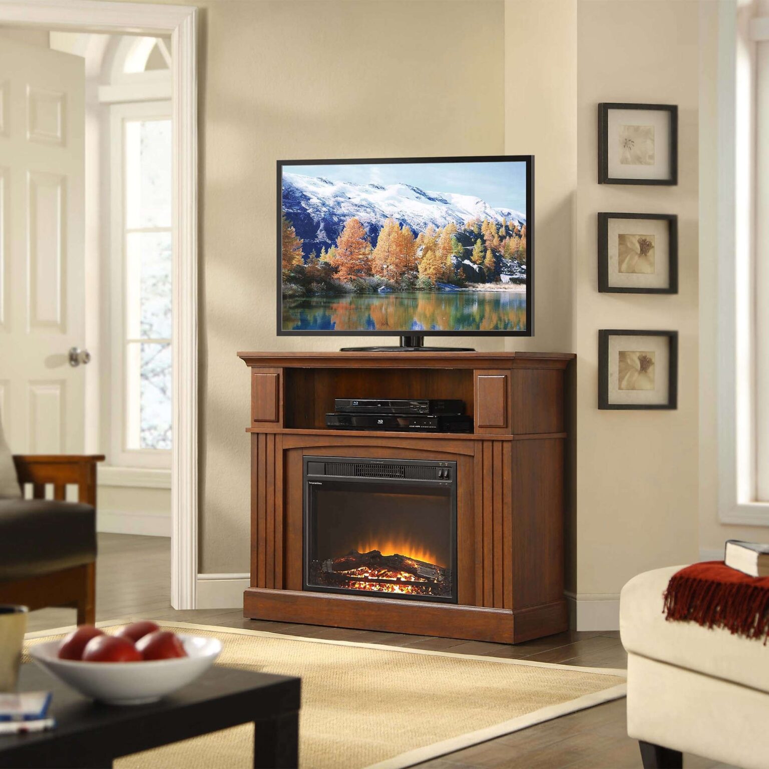 buy corner electric fireplace tv stand brown hold most 45 inch flat screen electric fireplace flat panel image