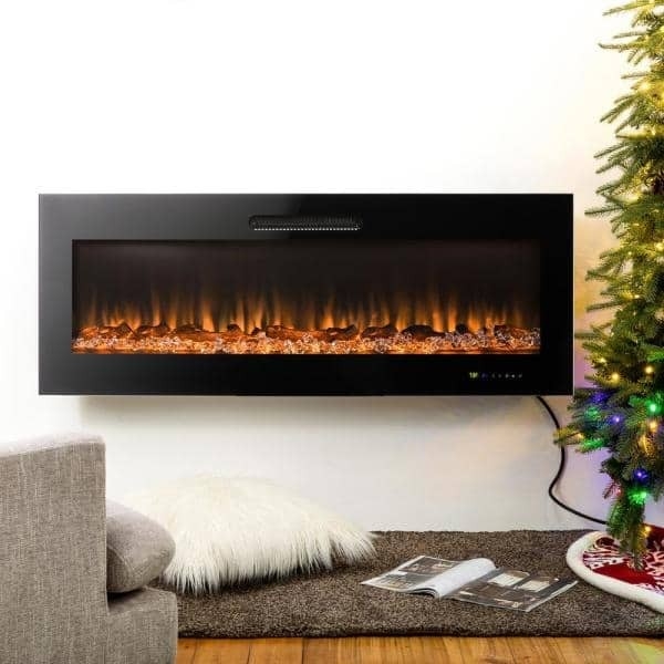 buy glitzhome 50 in l black recessed wall mounted electric fireplace with fireplace crystals home depot photo