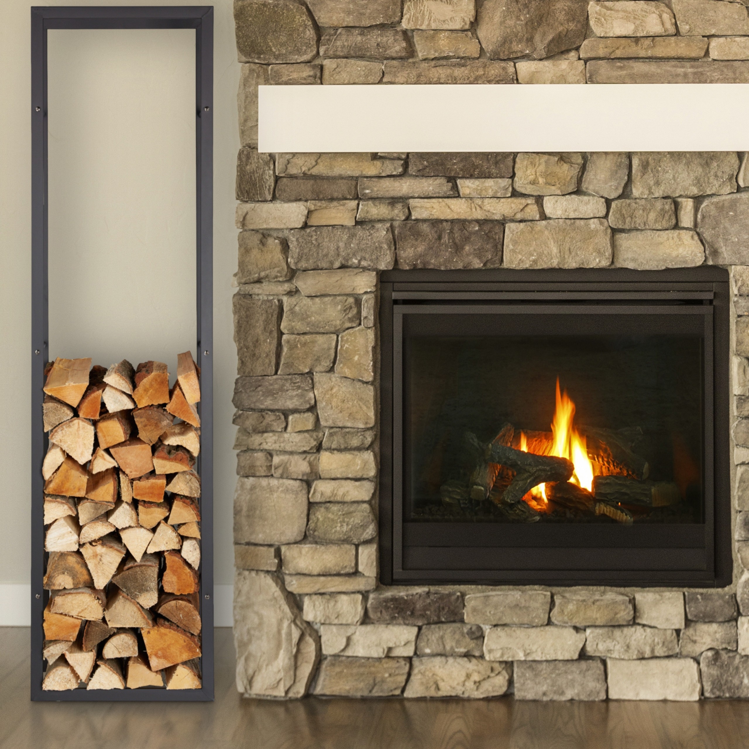 cheap metal firewood rack, tall stacking aid, wood storage shelf, indoor use where to store wood for fireplace image