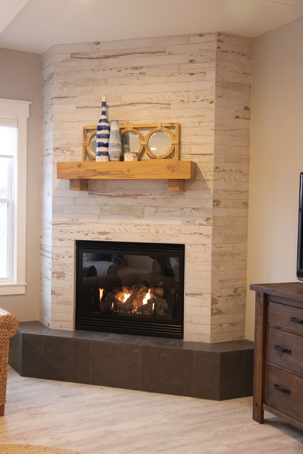 cheap wood look ceramic tile corner fireplace | comfy living room decor small corner gas fireplace photo