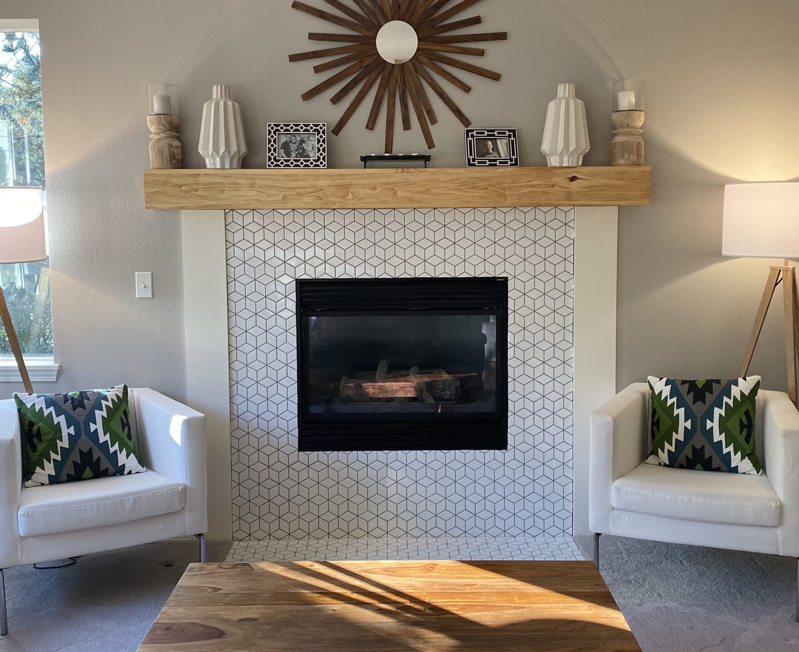 fantastic white modern rhombus tile fireplace update | home fireplace, fireplace ceramic tile fireplace design image