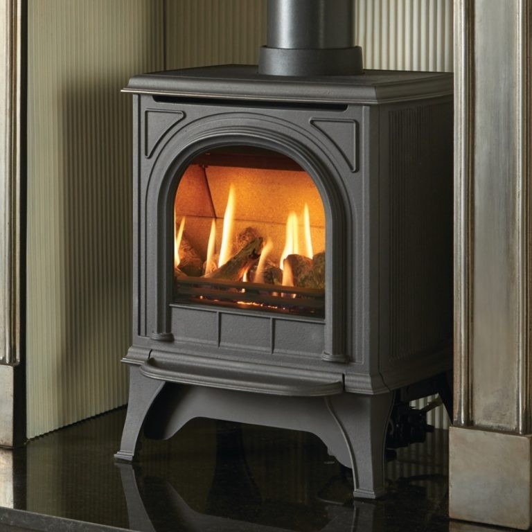 fascinating gazco huntingdon 20, matt black, tracery door, log effect, lpg gas two fireplaces one flue photo
