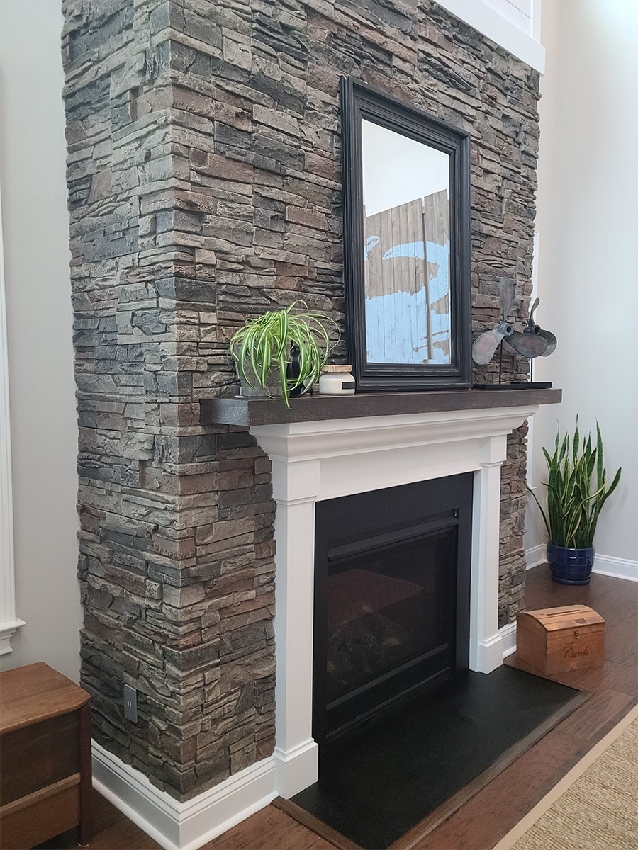 gorgeous faux stone fireplace no mortar no mess box to the wall | genstone how to install stacked stone fireplace pics