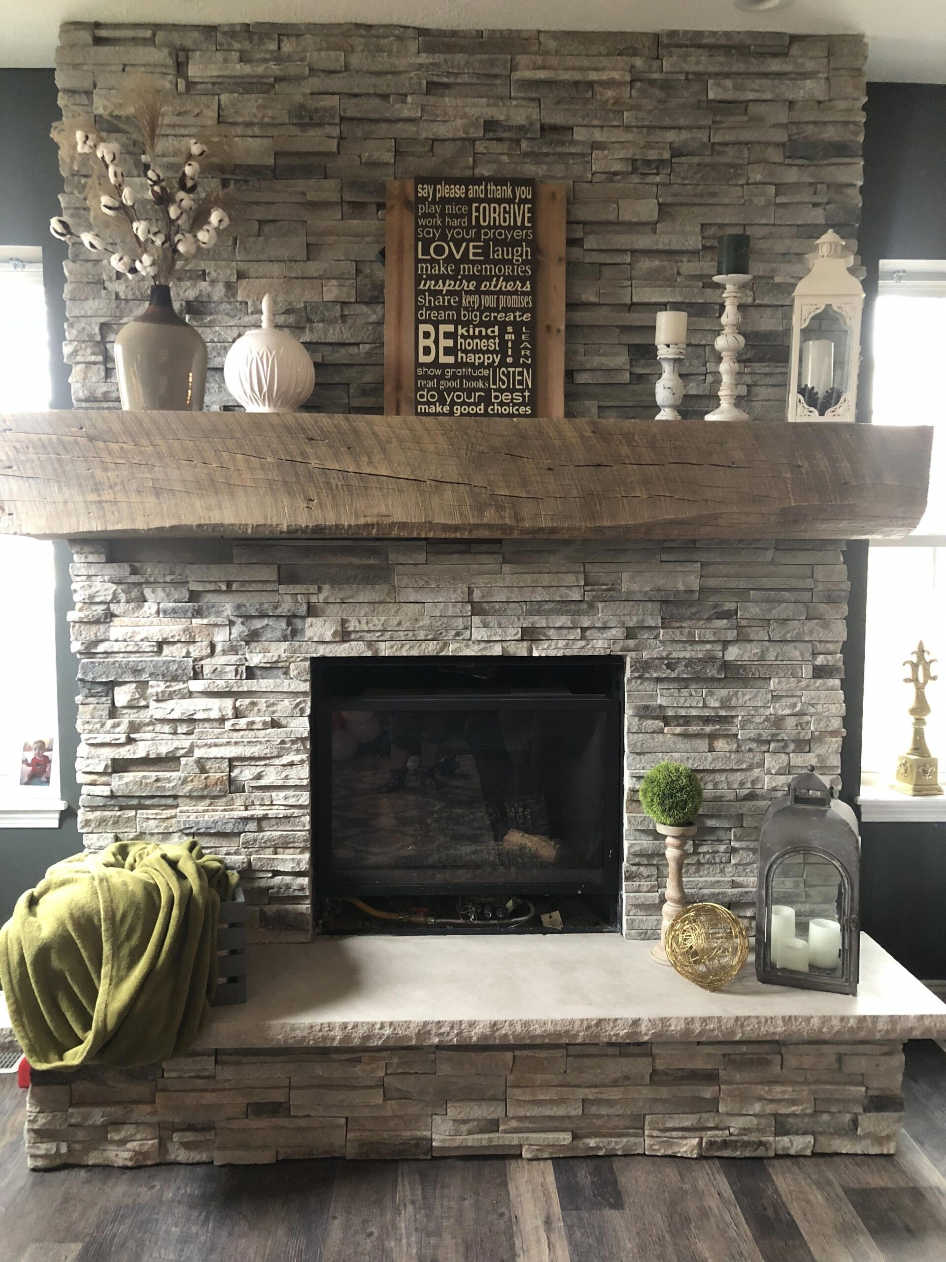 gorgeous stone fireplace with barn mantle #basementdecoratingonabudget how to stack wood in fireplace image