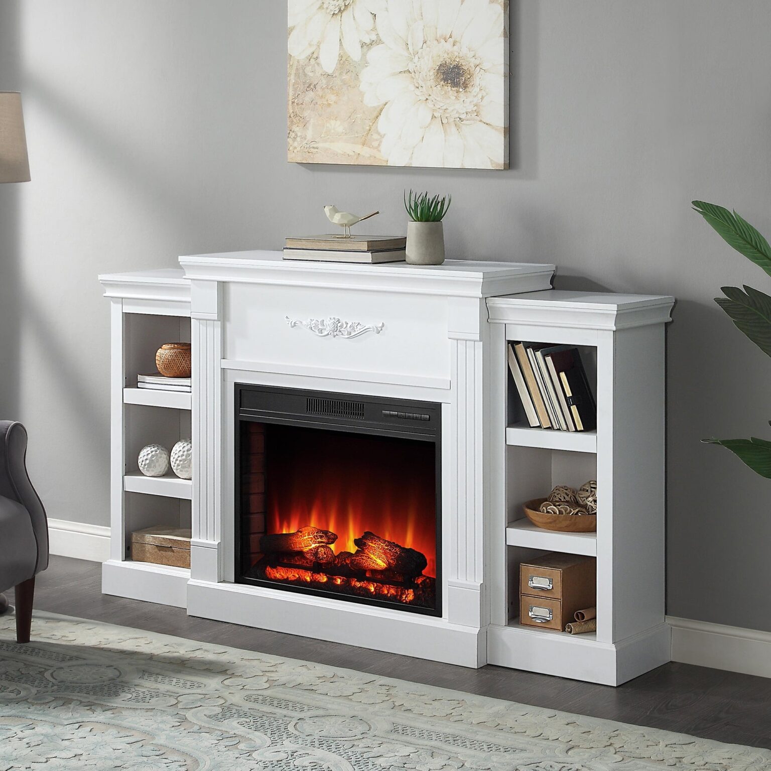 image of belleze 70" bookshelf mantel w/ electric fireplace, white walmart lights for inside fireplace image