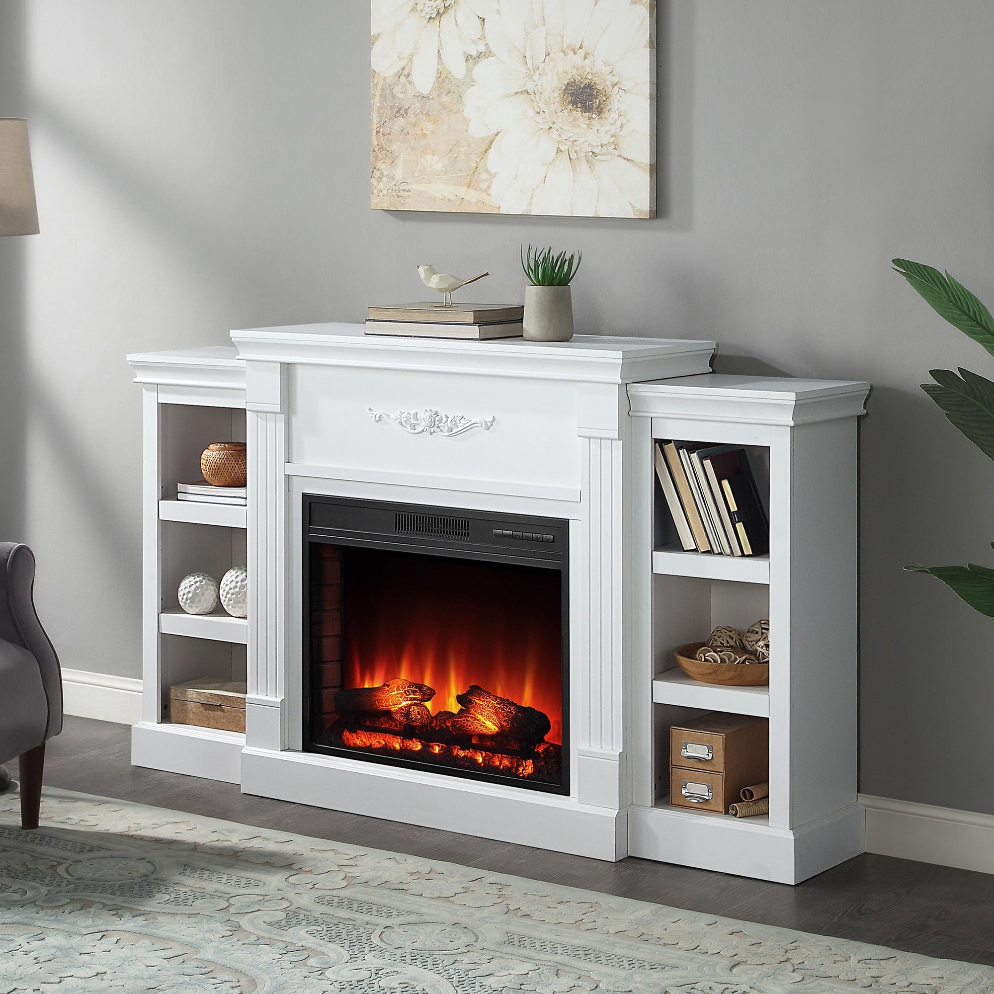 image of belleze 70" bookshelf mantel w/ electric fireplace, white walmart lights for inside fireplace image
