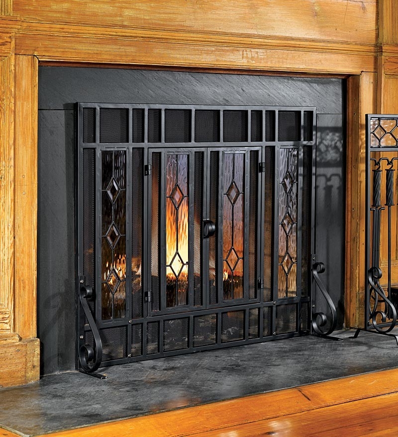 image of beveled glass diamond fireplace fire screen with steel frame, black fireplace guards for babies image