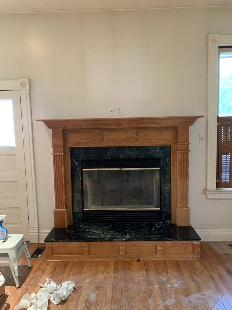image of peel and stick backsplash fireplace update arinsolangeathome updating a fireplace on a budget image