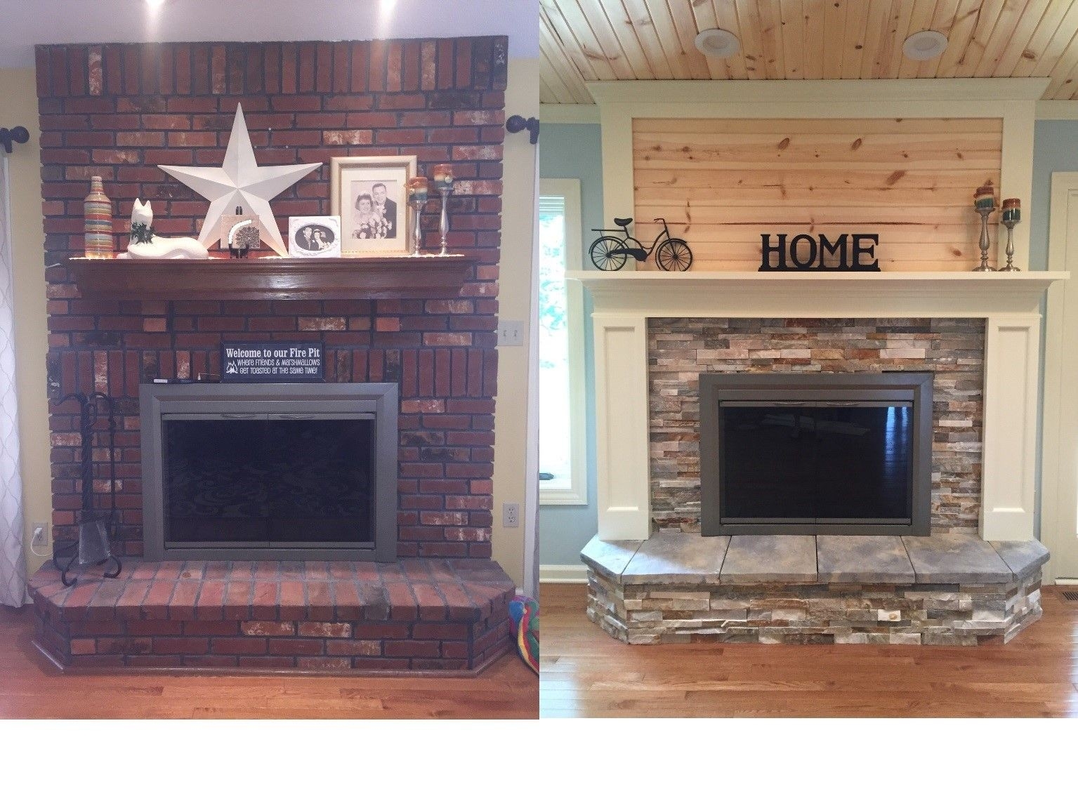 inspiring old to new: refaced fireplace with stacked stone, painted mantel and how to reface a brick fireplace photo