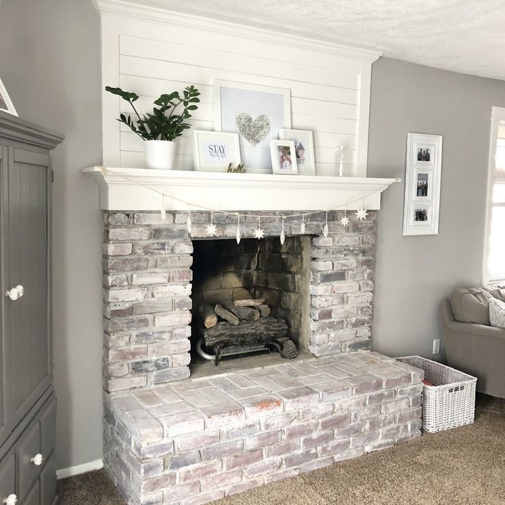 marvelous brick fireplace makeover with shiplap and whitewash | blush and batting how to change a brick fireplace image