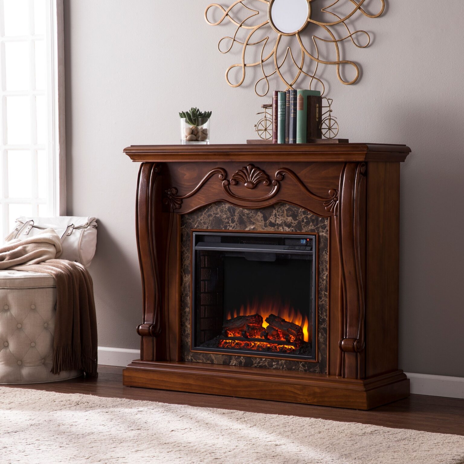 outstanding corina electric fireplace w/ faux marble, walnut walmart electric fire logs for fireplace image